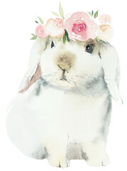 Funny bunny. Portrait white rabbit in roses wreath. Watercolor hand drawn illustration