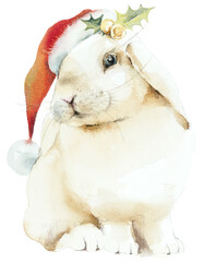 Funny bunny. Portrait rabbit in santa`s hat. Watercolor hand drawn illustration