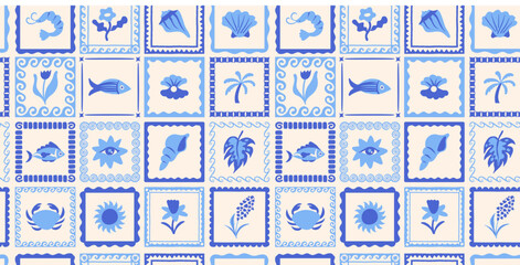 Vector hand drawn seamless pattern graphics with silhouette summer and vacation illustrations, tropical illustrations, frames and borders naive cut out style, patchwork and mosaic 