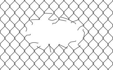 Chain link fence with cut hole. Broken wire mesh fence. Torn metallic wire mesh. Hole in the fence.