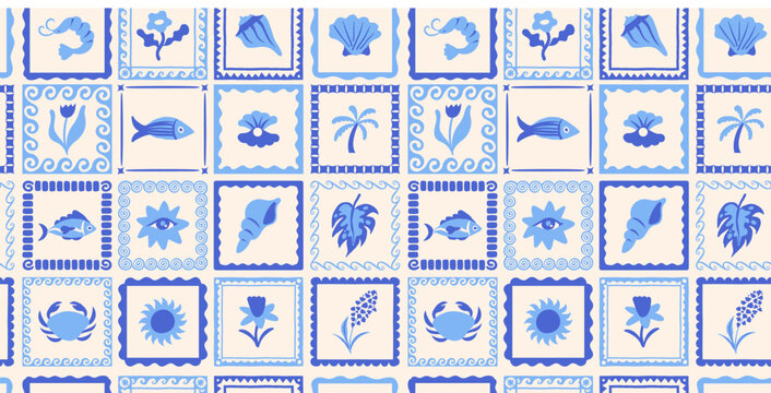 Vector hand drawn seamless pattern graphics with silhouette summer and vacation illustrations, tropical illustrations, frames and borders naive cut out style, patchwork and mosaic 