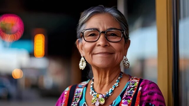 Smiling elderly woman with gray hair and glasses stands at a storefront, wearing a colorful floral top and turquoise beaded necklace.