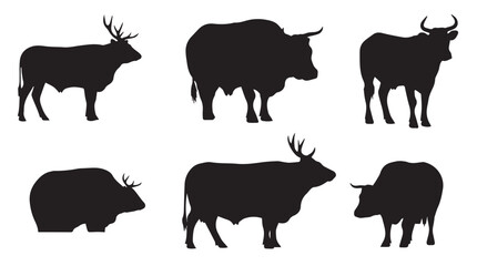 Collection of six diverse yak animal silhouettes in various poses