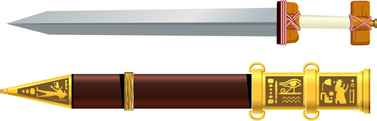 Obraz premium Ornate dagger with gold hilt and red grip, ideal for fantasy branding, game art, or historical prop visuals.