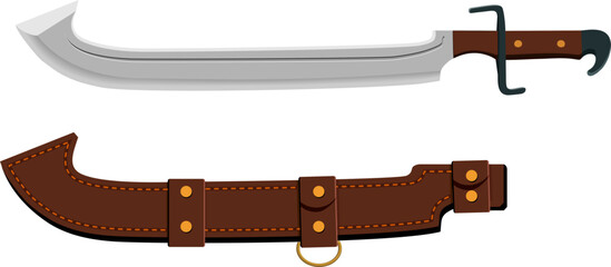 Fototapeta premium Long curved saber with leather sheath and brass fittings; antique-inspired weapon prop for historic or cosplay visuals.