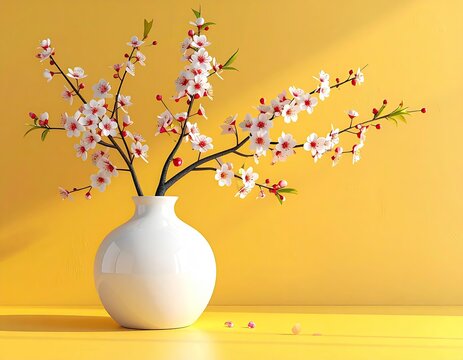 White vase with blossoming spring flowers against a yellow background