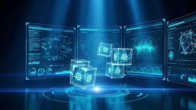 An intriguing glimpse into a digital world, revealing glowing cubes and advanced data visualizations, against a backdrop of sleek interfaces and emanating radiant light.