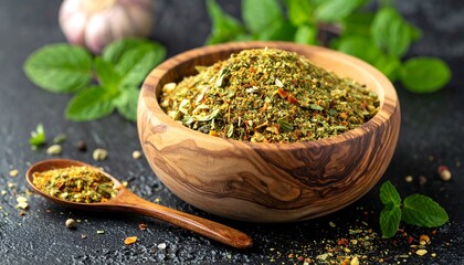 Aromatic spice blend in wooden bowl