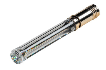 Elegant glass perfume bottle with gold accents for cosmetic product marketing on transparent background