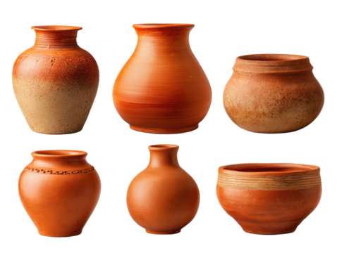 Six terracotta pottery vessels, various shapes and sizes, isolated on black