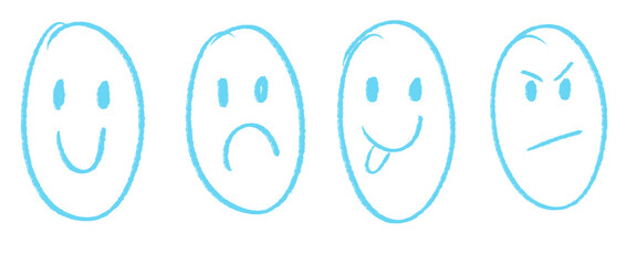 Vector illustration of blue, light blue, smileys, different emotions design on transparent png background 