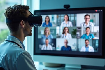 A doctor using virtual reality in an online medical video conference with a diverse hospital team