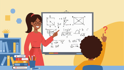 Female Teacher Explaining Math on Whiteboard