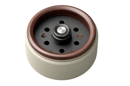 Modern coffee grinder with wooden accents and speckled base for home brewing and coffee enthusiasts use on transparent background