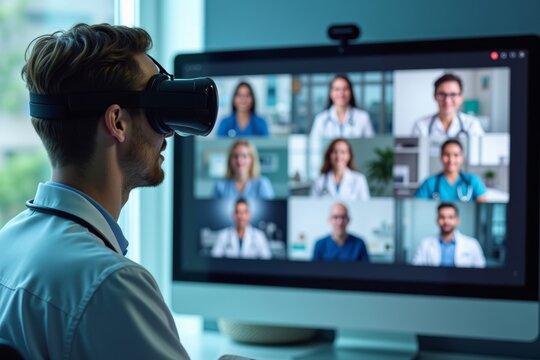 A doctor using virtual reality in an online medical video conference with a diverse hospital team