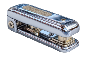Chrome and gold stapler with textured grip detail for office supply and desk accessory concepts on transparent background