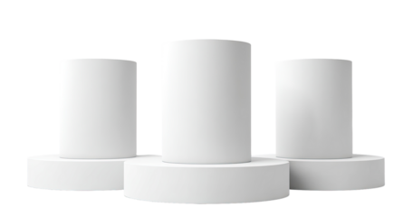 Three blank, white cylindrical podiums arranged in a tiered, winner's-stand style
