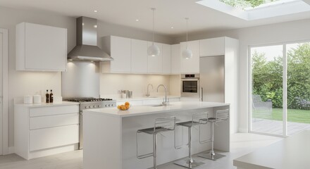 Fototapeta premium Modern White Kitchen Interior with Island Stools and Skylight.