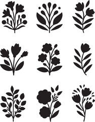 Black floral vector set: flower silhouettes, botanical elements, decorative design eps