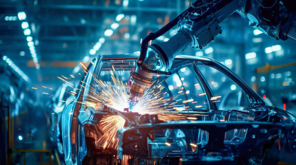 An industrial robot welds a car body with bright sparks, a cutting-edge technology in automotive manufacturing