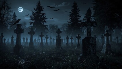 Spooky Graveyard at Night