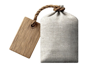 Rustic burlap sack with a wooden tag offers a vintage aesthetic for product presentation and branding needs on transparent background
