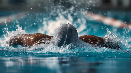 Swimmer in black suit backstroking with kickboard in indoor pool, water splashing, creating ripples