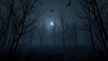 Dark Forest Night Spooky Full Moon Scene