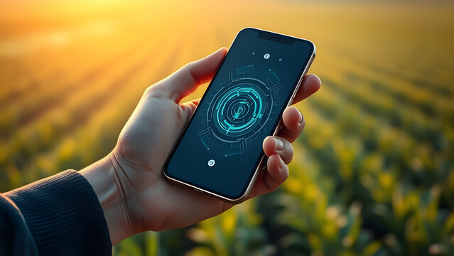 Hand holding a smartphone with smart app in front of a farm field, symbolizing smart farming, precision agriculture, data-driven technology, sustainability, and modern agritech innovation