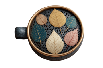 Artistic arrangement of colorful autumn leaves inside a decorative cup against a on transparent background