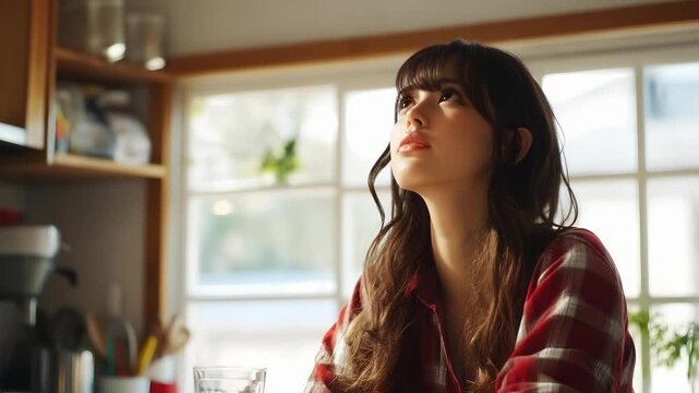 A woman in a red plaid shirt sits at a sunlit kitchen table, gazing upward, with a glass of water nearby.