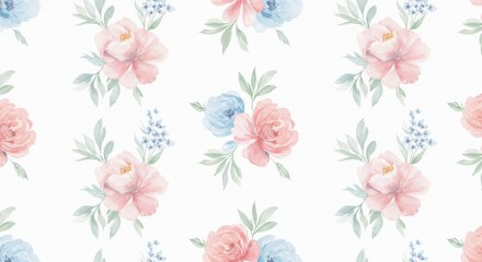 Obraz premium Watercolor Floral Pattern: Pink and Blue Flowers on White.