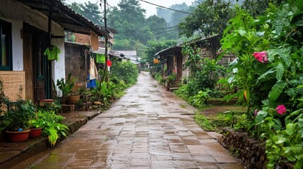 A misty view of Mawlynnong, the cleanest village in India, lush greenery everywhere