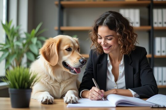 Confident businesswoman accompanied by loyal dog as she works at her desk, offering support and companionship during daily tasks.