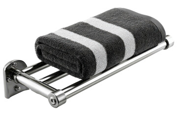 Striped towel neatly folded on a modern stainless steel towel rack in a bathroom setting on transparent background