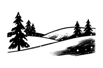 Obraz premium Snow-covered pine trees on rolling hills in black ink sketch style on white background, representing a winter forest scene