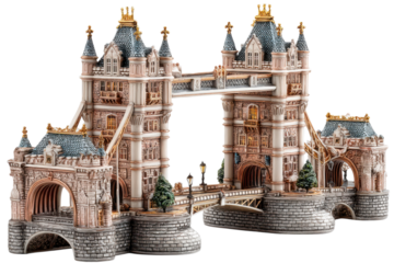 Detailed miniature of the London Tower Bridge showcases architectural beauty and intricate craftsmanship on transparent background