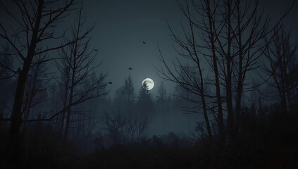 Dark Forest Night Full Moon and Birds