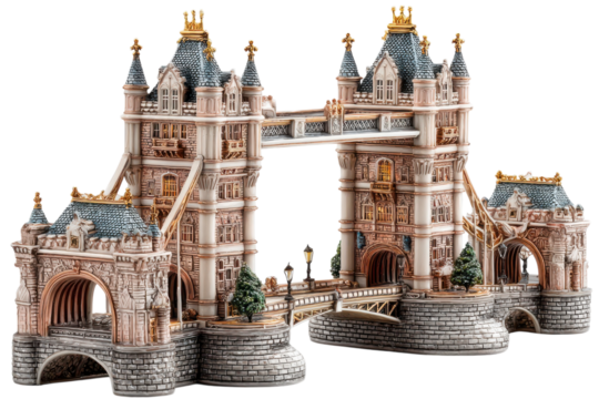 Detailed miniature of the London Tower Bridge showcases architectural beauty and intricate craftsmanship on transparent background