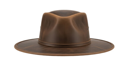 Isolated brown leather hat with brim, accessory for camping, hiking and outdoor activities