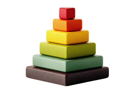 Colorful wooden blocks stacked in a pyramid shape create a vibrant toy tower on transparent background