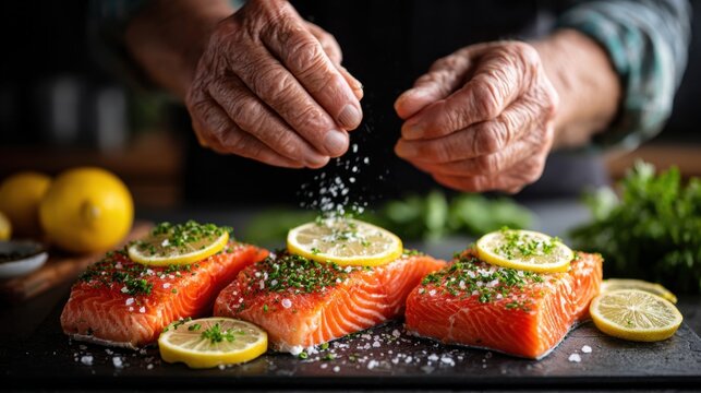 Senior man preparing fresh salmon fillets with lemon slices and herbs, sprinkling salt, showcasing culinary skills in a rustic kitchen setting with vibrant ingredients
