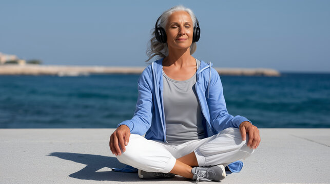 Active older woman in full body shot, sitting cross-legged on the ground at ocean promenade, headphones on, smiling peacefully while listening to music and cooling down after exerc