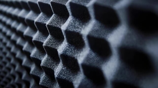 Close-up of gray acoustic foam panels with pyramid-shaped prisms used for sound absorption and studio treatment