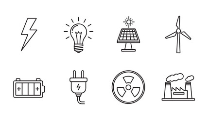 Collection of hand drawn energy icons in a simple silhouette style