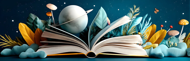 Open book with paper art of Earth, flowers, and butterflies, suitable for children’s books, creative illustrations, and whimsical artwork
