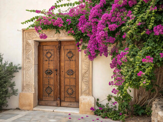 Fototapeta premium A beautiful rustic wooden door with intricate carvings, framed by a vibrant cascade of pink bougainvillea.