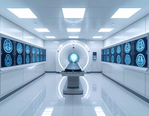 Modern MRI scanner room with brain scans displayed on the walls.