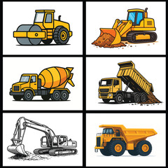 Vector set of construction vehicles including excavator, bulldozer, dump truck, cement mixer, roller, and heavy equipment illustration.