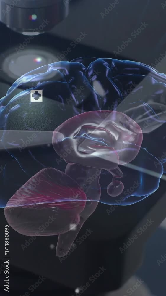 Poster animation of human brain spinning and data processing over using laboratory microscope